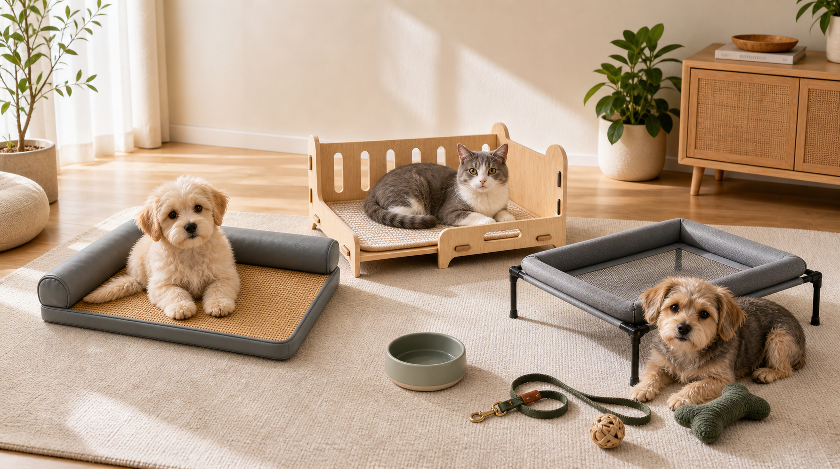 Pets resting with curated beds and home essentials in a bright room
