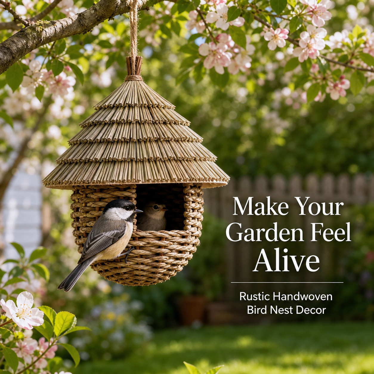 Handwoven Straw Bird Nest Hanging Decoration for Outdoor Yard, Patio & Garden Decor, Rustic Woodland Birdhouse Ornament for Cottage-Style Landscaping thumbnail 3