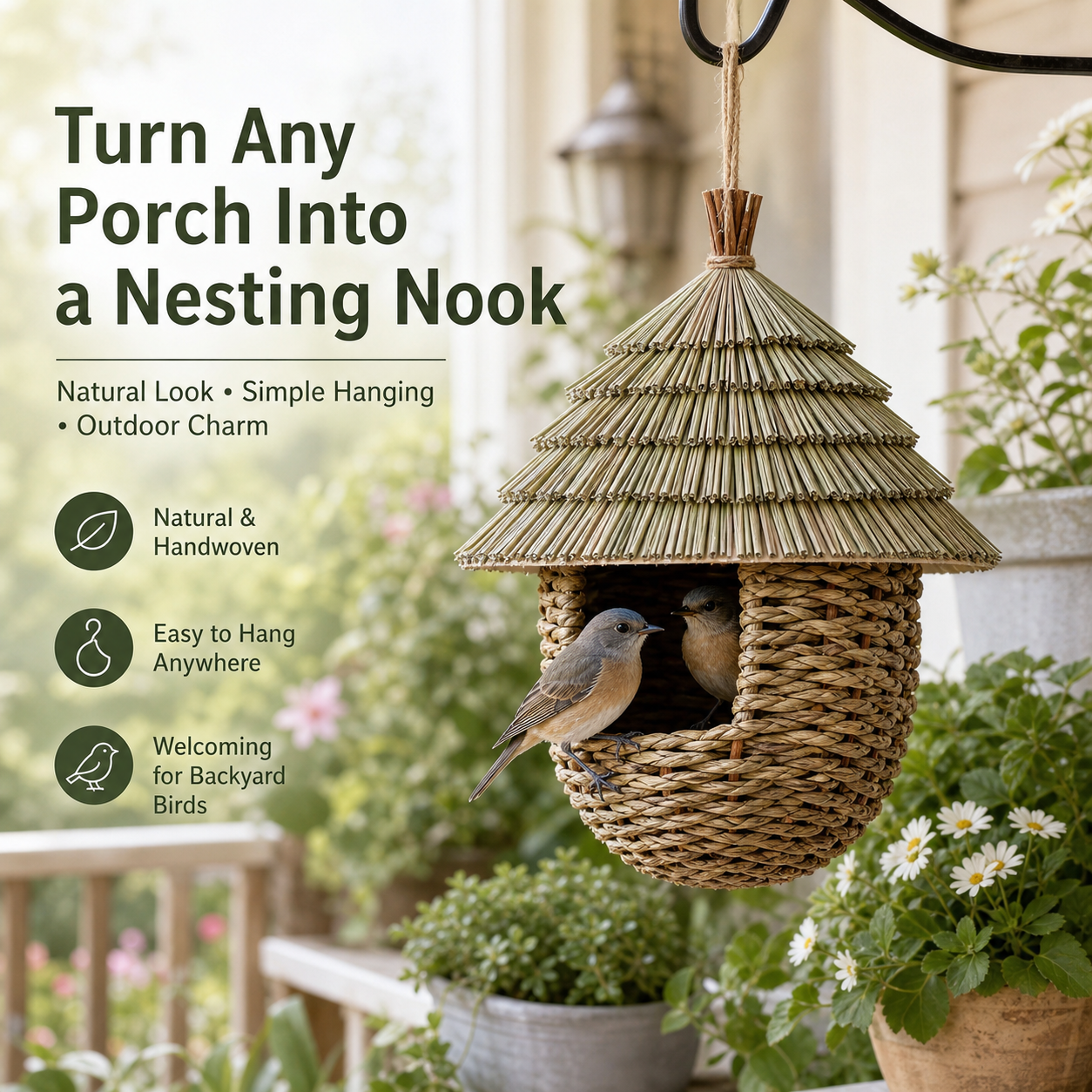 Handwoven Straw Bird Nest Hanging Decoration for Outdoor Yard, Patio & Garden Decor, Rustic Woodland Birdhouse Ornament for Cottage-Style Landscaping thumbnail 2
