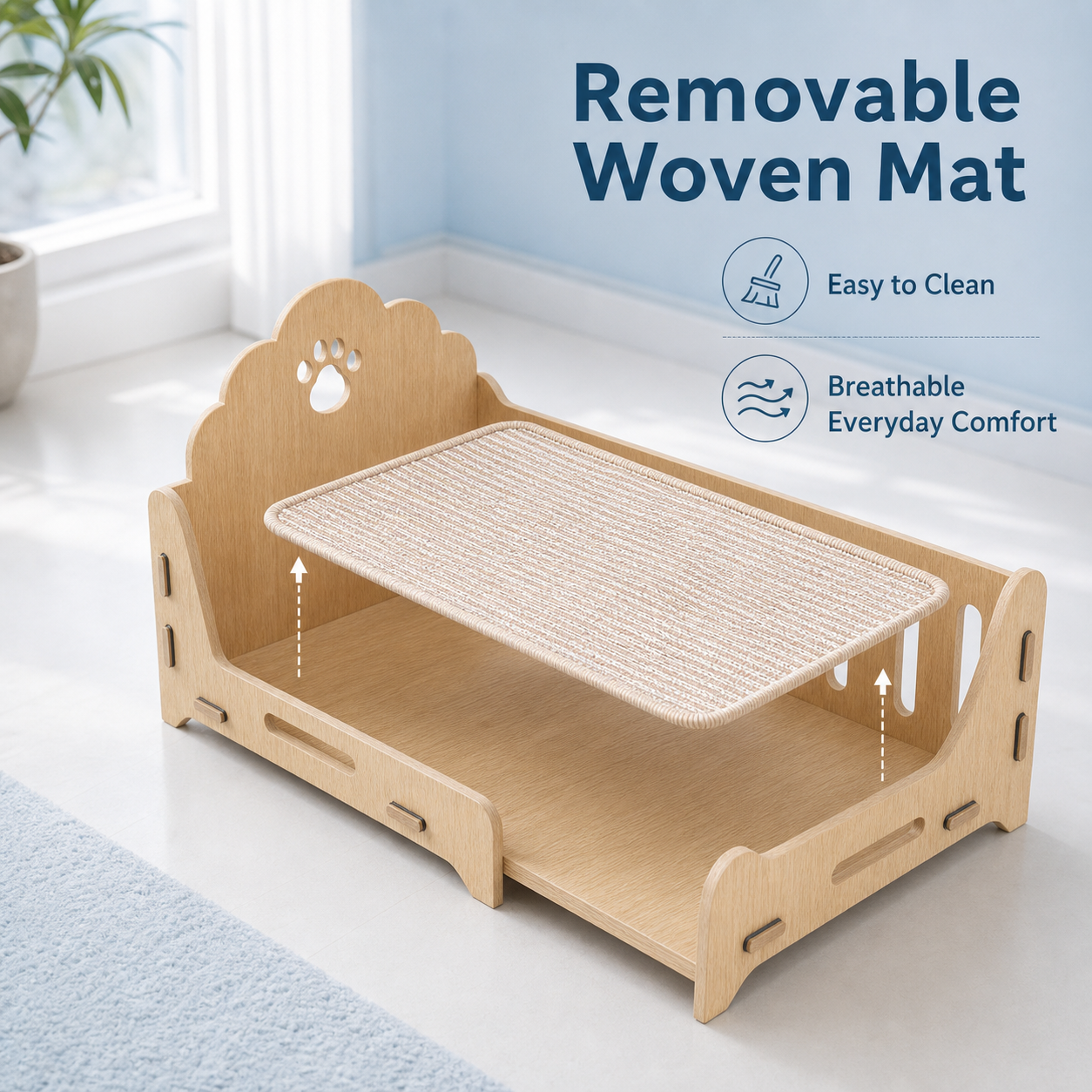 Wooden Cat Chaise Bed with Removable Woven Mat thumbnail 2