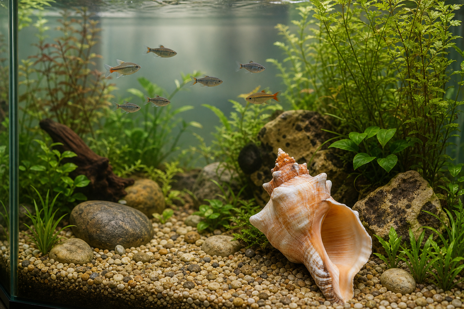Planted freshwater aquarium with natural conch shell decor, gravel, rocks, and small fish